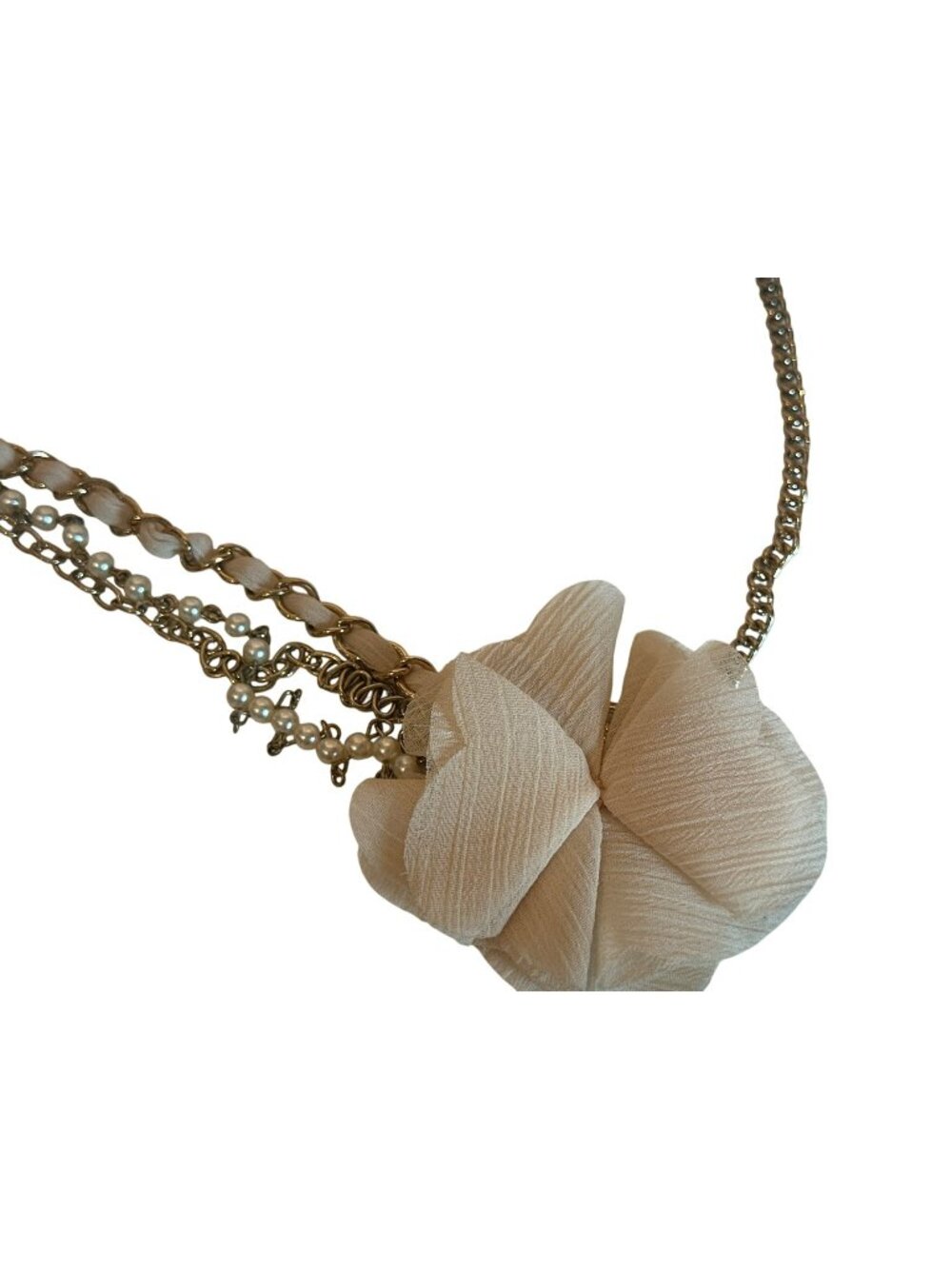 Gold-Tone Chain Necklace Fabric Flower & Faux Pearl Accents Statement Career